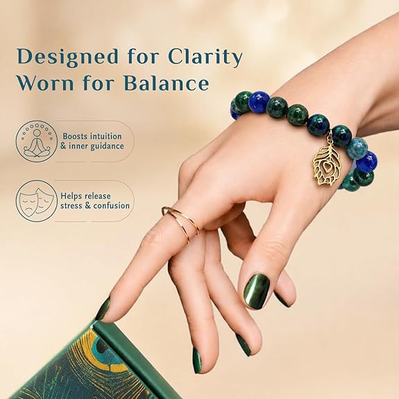 Chitshakti Peacock Blue Bracelet | Azurite | Unisex both for Men & Women | 18beads Stretchable Bracelet with Unakite Stone | Natural Crystal Healing Stone - Image 2
