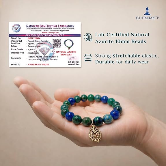Chitshakti Peacock Blue Bracelet | Azurite | Unisex both for Men & Women | 18beads Stretchable Bracelet with Unakite Stone | Natural Crystal Healing Stone - Image 3