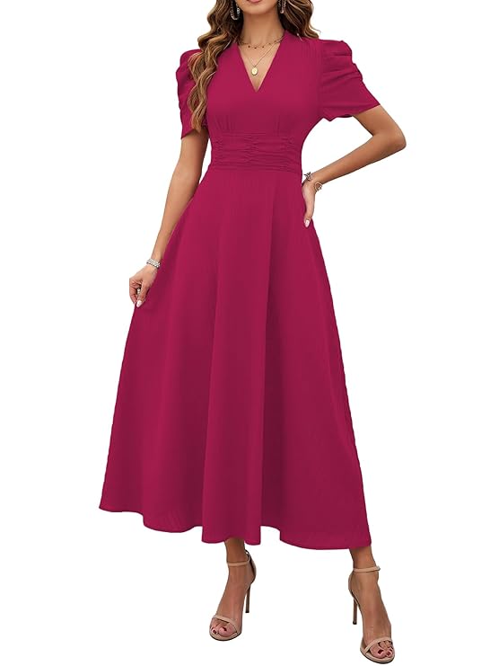 Shasmi Girl's & Women's Solid Color V-Neck A-Line Maxi Dress for Women | New Year Party Outfit | Waist Cinched Puff Sleeve Western | Elegant Casual Wear (Dress 246) - Image 6