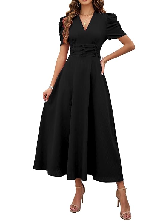 Shasmi Girl's & Women's Solid Color V-Neck A-Line Maxi Dress for Women | New Year Party Outfit | Waist Cinched Puff Sleeve Western | Elegant Casual Wear (Dress 246) - Image 5