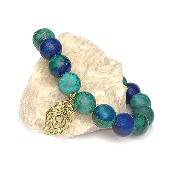 Chitshakti Peacock Blue Bracelet | Azurite | Unisex both for Men & Women | 18beads Stretchable Bracelet with Unakite Stone | Natural Crystal Healing Stone