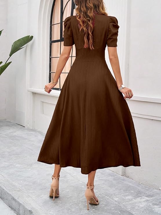 Shasmi Girl's & Women's Solid Color V-Neck A-Line Maxi Dress for Women | New Year Party Outfit | Waist Cinched Puff Sleeve Western | Elegant Casual Wear (Dress 246) - Image 3